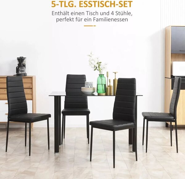HOMCOM 5 részes étkezőgarnitúra, ülőgarnitúra, étkezőasztal 4 székkel, modern dizájn, üvegasztal, fekete