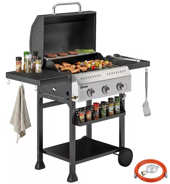 Gázgrill 9 KW 3 égős BBQ grillkocsi rozsdamentes acélból, összecsukható oldalsó asztallal, fűszertartóval