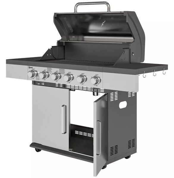 Outsunny Gázgrill 8500BTU, grillkocsi 6 rozsdamentes acél égővel, hőmérővel, nyomásszabályozóval, ezüst