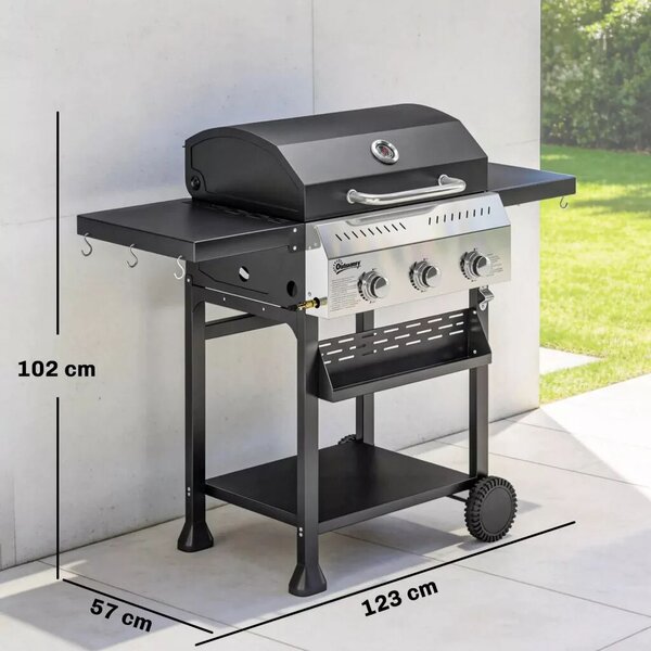 Gázgrill 9 KW 3 égős BBQ grillkocsi rozsdamentes acélból, összecsukható oldalsó asztallal, fűszertartóval