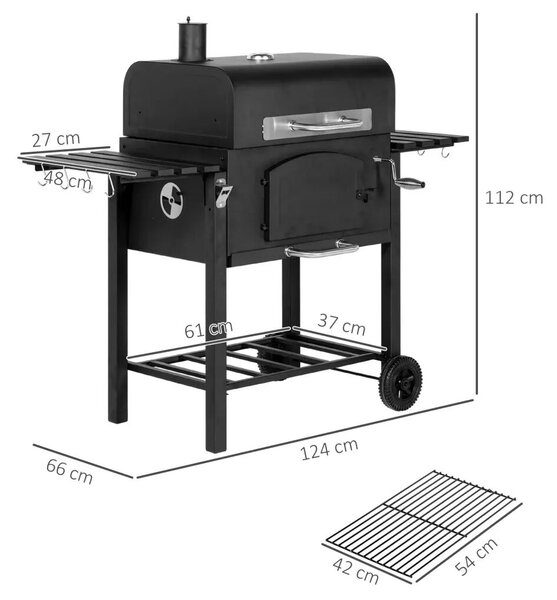 Outsunny Faszenes BBQ grillsütő, állítható faszéntároló rekesz, oldalsó polcok, fekete