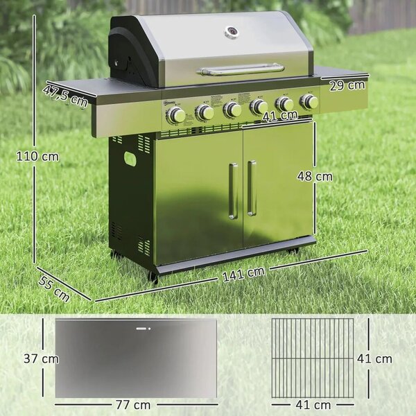 Outsunny Gázgrill 8500BTU, grillkocsi 6 rozsdamentes acél égővel, hőmérővel, nyomásszabályozóval, ezüst
