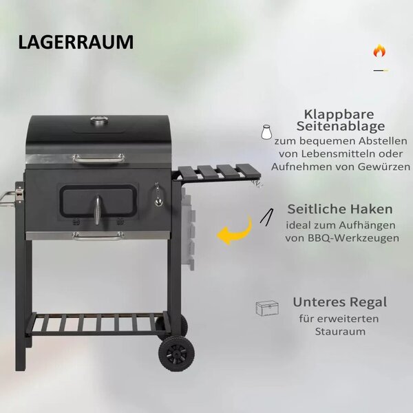 Outsunny Faszenes grillsütő, BBQ füstölő, 1 polc, 1 törölközőtartó, 2 grillrács, fekete
