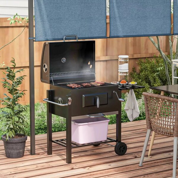 Outsunny Faszenes grillsütő, BBQ füstölő, 1 polc, 1 törölközőtartó, 2 grillrács, fekete
