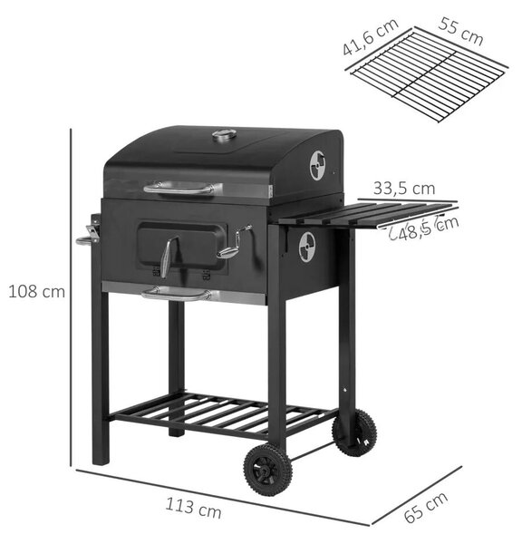 Outsunny Faszenes grillsütő, BBQ füstölő, 1 polc, 1 törölközőtartó, 2 grillrács, fekete