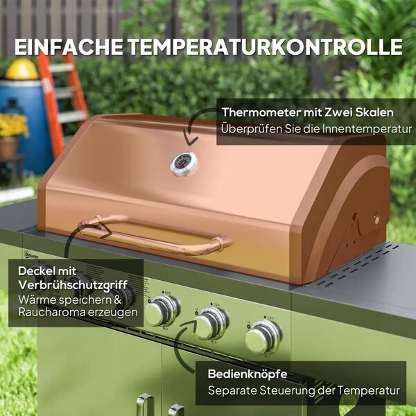 Outsunny Gázgrill 8500BTU, grillkocsi 6 rozsdamentes acél égővel, hőmérővel, nyomásszabályozóval, ezüst