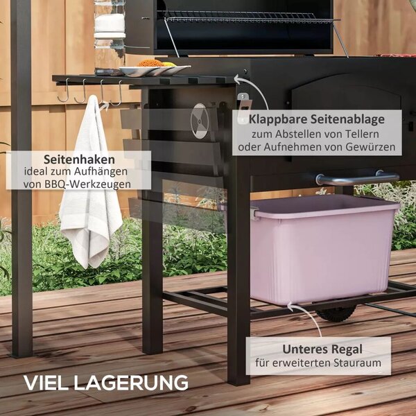 Outsunny Faszenes BBQ grillsütő, állítható faszéntároló rekesz, oldalsó polcok, fekete