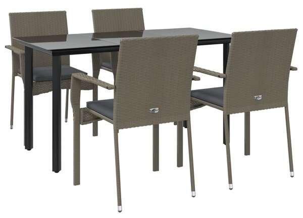 5 részes fekete és szürke polyrattan kerti étkezőszett párnával