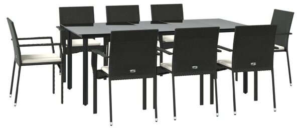 9 részes fekete polyrattan kerti étkezőgarnitúra párnákkal