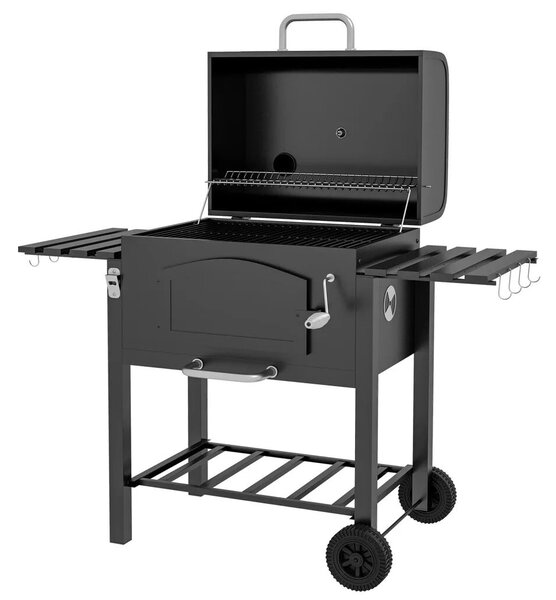 Outsunny Faszenes BBQ grillsütő, állítható faszéntároló rekesz, oldalsó polcok, fekete