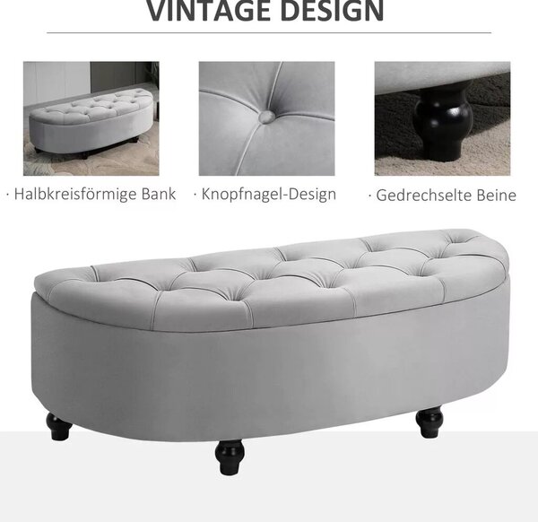 HOMCOM Tárolópad, Kárpitozott pad bársonyhatású bevonattal, tárolósláda falábakkal, 120 x 46 x 42 cm, szürke