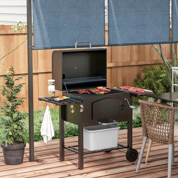 Outsunny Faszenes BBQ grillsütő, állítható faszéntároló rekesz, oldalsó polcok, fekete