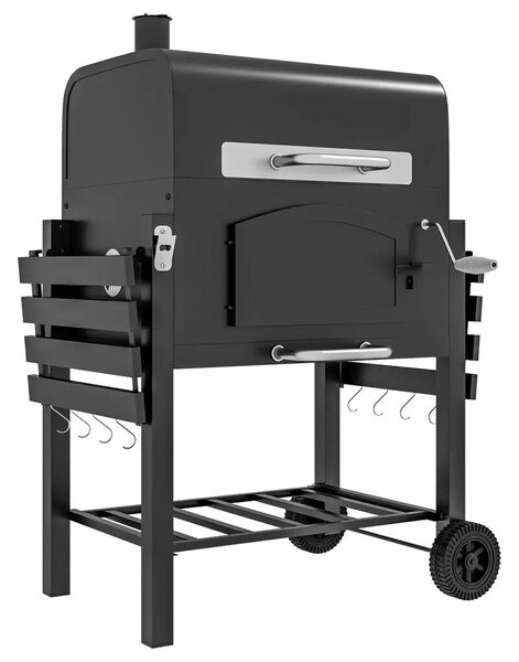 Outsunny Faszenes BBQ grillsütő, állítható faszéntároló rekesz, oldalsó polcok, fekete
