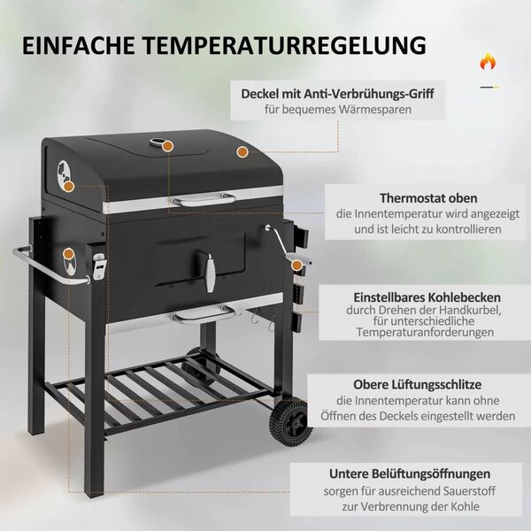 Outsunny Faszenes grillsütő, BBQ füstölő, 1 polc, 1 törölközőtartó, 2 grillrács, fekete