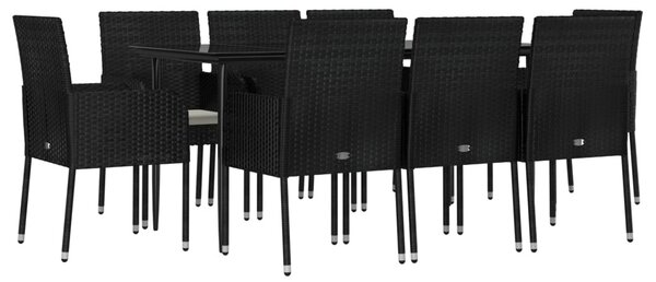 9 részes fekete polyrattan kerti étkezőgarnitúra párnákkal