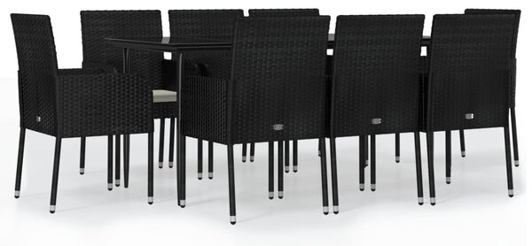 9 részes fekete polyrattan kerti étkezőgarnitúra párnákkal