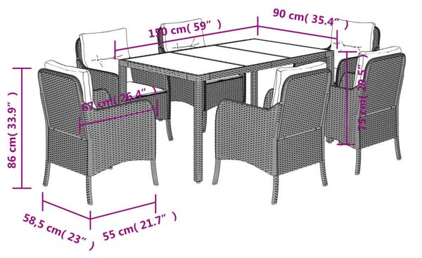 VidaXL Polyrattan Kerti Étkezőgarnitúra - 7 részes - Fekete