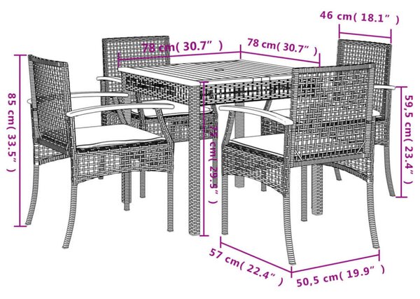VidaXL - 5 részes Kerti Étkezőgarnitúra - Szürke Polyrattan