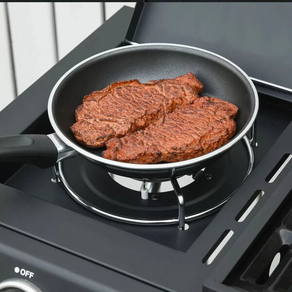 Outsunny Gázgrill 3 fő égővel + 1 oldalsó égővel, tárolópolccal, rozsdamentes acél, fekete