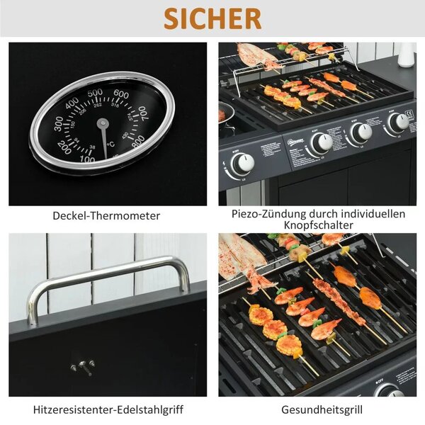Outsunny Gázgrill 3 fő égővel + 1 oldalsó égővel, tárolópolccal, rozsdamentes acél, fekete