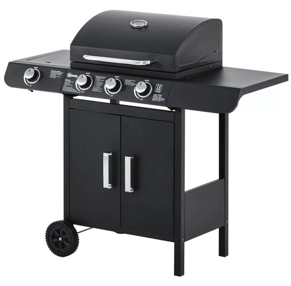 Outsunny Gázgrill 3 fő égővel + 1 oldalsó égővel, tárolópolccal, rozsdamentes acél, fekete