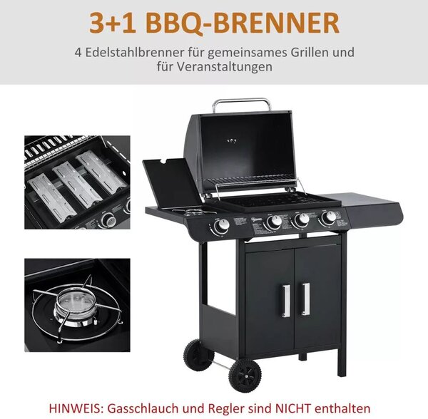 Outsunny Gázgrill 3 fő égővel + 1 oldalsó égővel, tárolópolccal, rozsdamentes acél, fekete