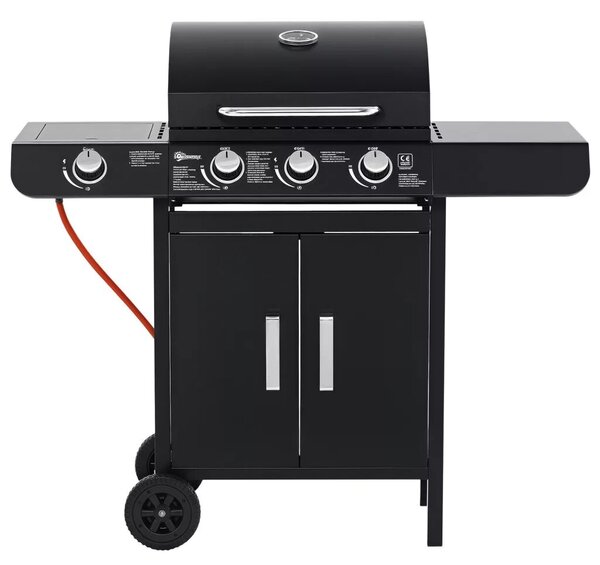 Outsunny Gázgrill 3 fő égővel + 1 oldalsó égővel, tárolópolccal, rozsdamentes acél, fekete