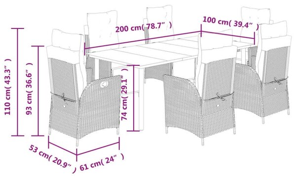 VidaXL 7 részes szürke polyrattan kerti étkezőgarnitúra párnával