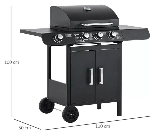 Outsunny Gázgrill 3 fő égővel + 1 oldalsó égővel, tárolópolccal, rozsdamentes acél, fekete