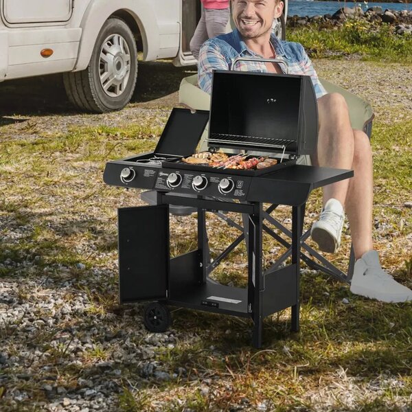 Outsunny Gázgrill 3 fő égővel + 1 oldalsó égővel, tárolópolccal, rozsdamentes acél, fekete