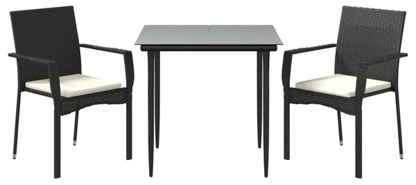 3 részes fekete polyrattan kerti étkezőgarnitúra párnákkal