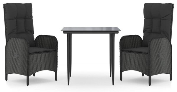 3 részes fekete polyrattan kerti étkezőgarnitúra párnákkal