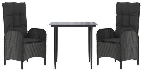 3 részes fekete polyrattan kerti étkezőgarnitúra párnákkal