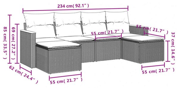 VidaXL Polyrattan Kerti Ülőgarnitúra - 6 részes - Szürke