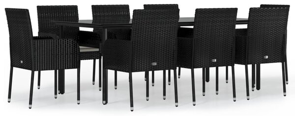 9 részes fekete polyrattan kerti étkezőgarnitúra párnákkal
