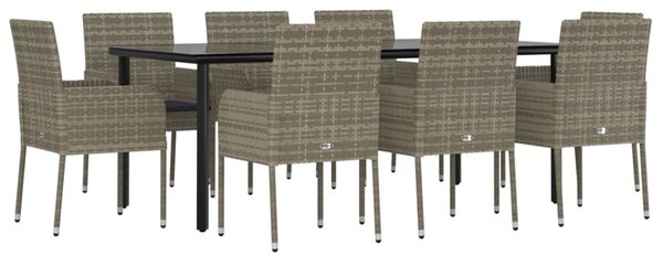 9 részes fekete és szürke polyrattan kerti étkezőszett párnával