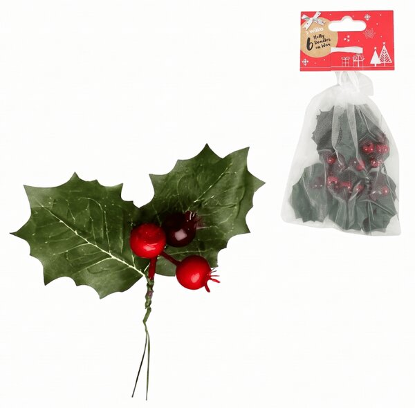Karácsonyi dekoráció dróton HOLLY LEAVES 13 cm 6 db