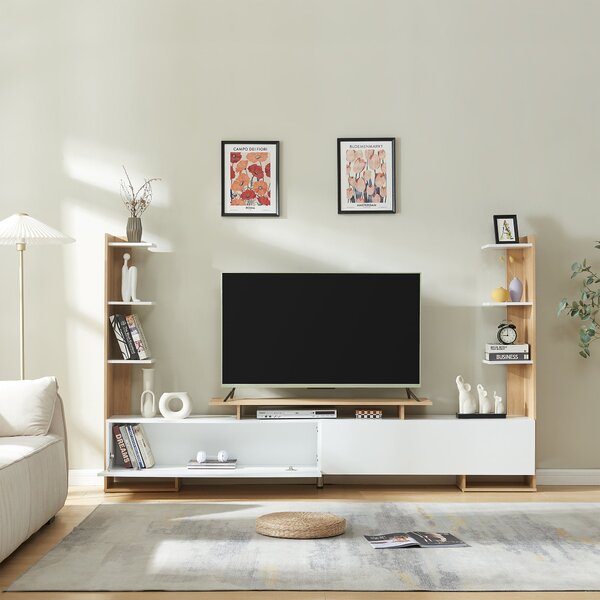 TV-szekrény oldalsó polcokkal Rauki 233x31x141 cm fehér/tölgyfa hatású [en.casa]