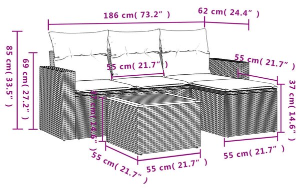 VidaXL 5 részes bézs polyrattan kerti ülőgarnitúra párnákkal