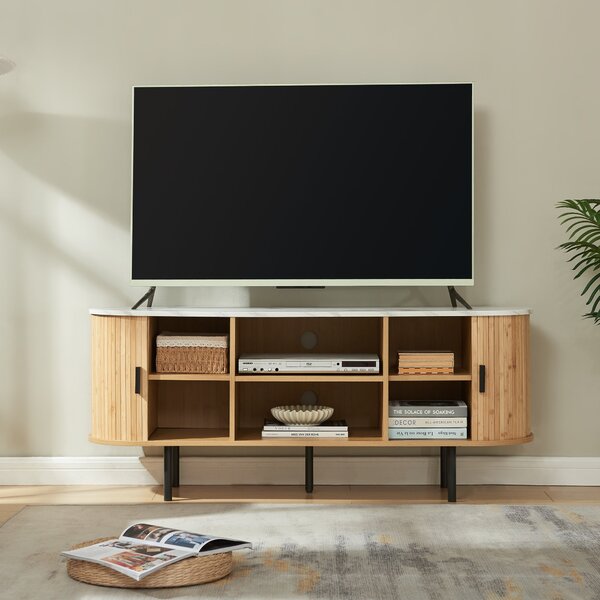 TV-szekrény Tvedestrand 140x40x55 cm bambusz fehér márvány hatású/natúr [en.casa]