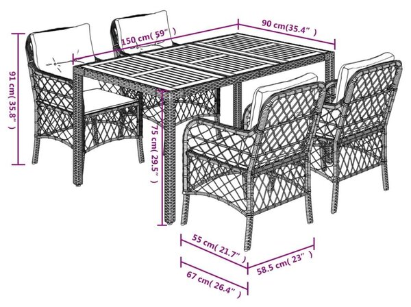 VidaXL Polyrattan Kerti Étkezőgarnitúra - 5 részes - Szürke