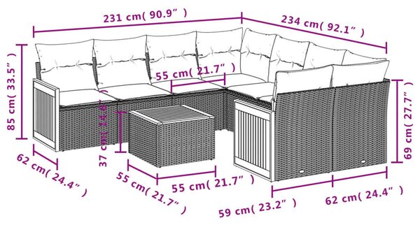 VidaXL Polyrattan Kerti Ülőgarnitúra - 9 részes - Fekete