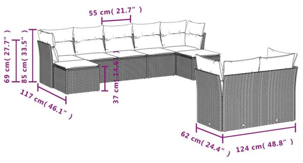 VidaXL Polyrattan Kerti Ülőgarnitúra - 9 részes - Szürke