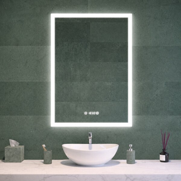 Álló fürdőszobai LED tükör 70x90cm | Páramentesítő - Óra - Fényerő és színhőmérséklet szabályozás | Welland Luxury-Line