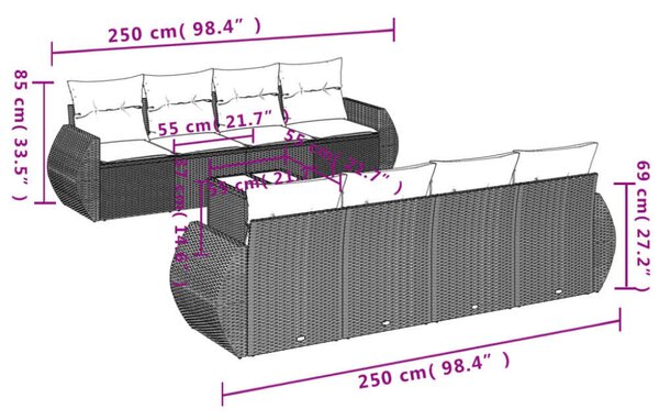 VidaXL Polyrattan Kerti Ülőgarnitúra - 9 részes - Szürke