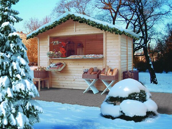 Karibu Sales House 2. Nyeregtetős árusító faház/vásári pavilon, natúr fából 304 cm x 202 cm