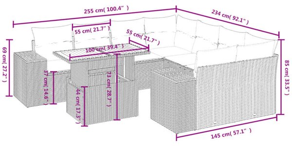 VidaXL Polyrattan Kerti Ülőgarnitúra - 9 részes - Fekete