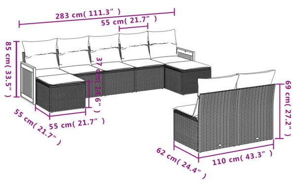 VidaXL Polyrattan Kerti Ülőgarnitúra - 9 részes - Fekete