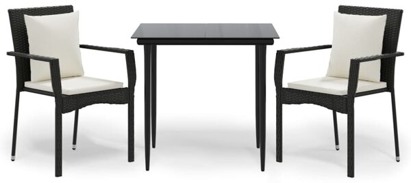 3 részes fekete polyrattan kerti étkezőgarnitúra párnákkal