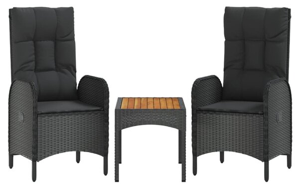 3 részes fekete polyrattan kerti ülőgarnitúra párnákkal